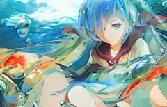 初音未来VOCALOID 水下 金鱼 3440x1440唯美壁纸