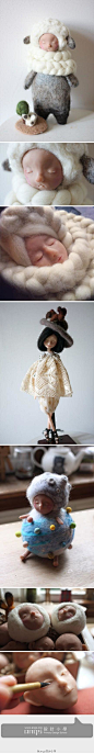 阿芋的毛毡与软陶玩偶作品细腻而温暖，她的网站（via:http://t.cn/htxel9）