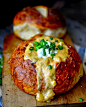 roasted cheesy potato and ham soup in pretzel bowls.