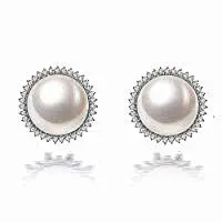 PearlAge 南珠世家 8.0-9.0mm半圆形淡水珍珠925银镶宝石耳钉 精选无瑕疵高光泽珍珠（8-9mm扁形珍珠）