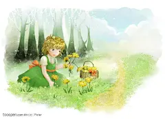 手绘插画之蹲在草地上采集花朵的女孩