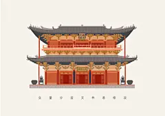 天津蓟州景点独乐寺观音阁矢量插画设计素材