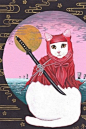 日本和风浮世忍者猫手绘手机壁纸 640x960