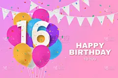 16岁生日快乐气球贺卡背景。16周年纪念日。第16届庆祝与confetti 。说明性库存
