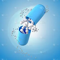 蓝调的医学背景，消解药物，悬浮状态的塑料容器胶囊，开组分飞行，胶囊中的益生菌食品添加剂，3D渲染
