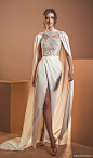 dror kontento 2020 bridal long cape sleeves high neckline embellished lace sheer bodice column sheath wedding dress with cape slit skirt chapel train (6) mv