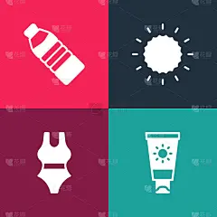 设置流行艺术防晒霜管，泳装，和瓶装水的图标。向量