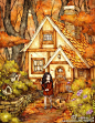 深秋时节，清理庭院的落叶 ~ 来自韩国插画家Aeppol 的「森林女孩日记」系列插画。