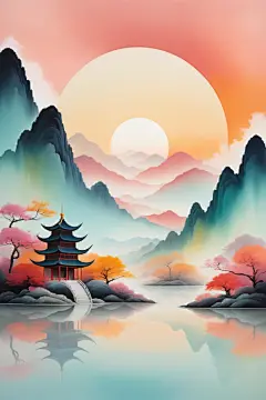 手绘国画国潮山水插画背景图