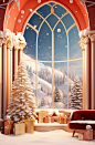Christmas room christmas scene, in the style of vibrant stage backdrops, surrealist dreamlike scenes, aurorapunk, eye-catching, photorealistic renderings
