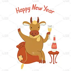 新年贺卡与喝香槟的公牛。