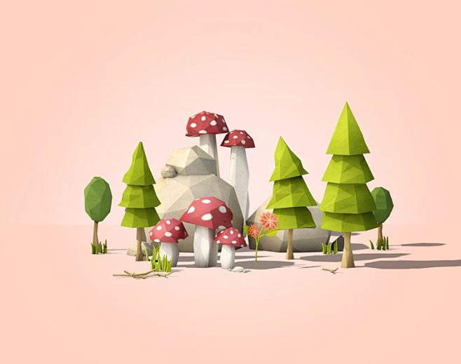 森林树木卡通3D游戏木屋蘑菇立体背景PS...