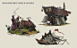 Eastern Island Buildings, Neil Richards : Some early designs for some of the island buildings.
Shipwreck houses and sail covered houses.
Painted in 2 different styles, I prefer the flat edge brush stuff as its so quick to lay in forms.
Painting gets easie