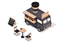 Set of isometric illustrations of the food trucks