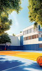 A modern school building with blue and white walls, an orange and yellow basketball. The scene is captured in bright daylight, creating an atmosphere of energy and movement on the playground. Photorealistic rendering in the style of a skilled digital arti