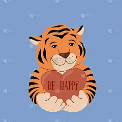 可爱的老虎幼崽，蓝色背景上柔软的爪子上有一颗心。儿童插画的2022年新年象征与幸福的愿望。向量插图的