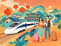春运回家国风插画风格列车背景高清模板免费下载-趣麦麦图