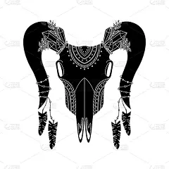 动物头骨波西米亚风格与几何装饰和鸟类羽毛。部落插画在简单的风格。