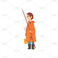 可爱的男孩在雨衣与鱼竿和水桶，小渔夫卡通人物矢量插图