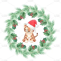 水彩老虎在冷杉花环上孤立的白色。圣诞老人老虎手绘插图