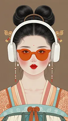 中国工笔画风格，头戴AirPods Max白色耳机,韩熙载夜宴图风格，1个中国唐代微胖圆脸女孩,单人,橙色墨镜,黑发,太阳镜,半身像,身穿中国唐代服饰，简单的背景,中国古代发饰丸子头,红色嘴唇,棕色背景,棕褐色背景