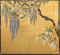 Japanese Two Panel Screen: Wisteria on Gold. Mineral pigments on gold paper. c. 1930s - 40s: 