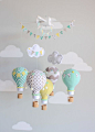 Gender neutral baby mobile, hot air balloon, travel theme nursery décor. Aqua, Yellow, Grey hot air balloons for a gender neutral nursery. Each: 