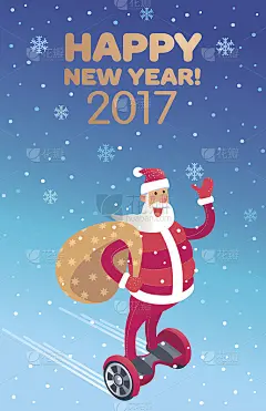 悬浮滑板上圣诞老人的矢量圣诞卡片