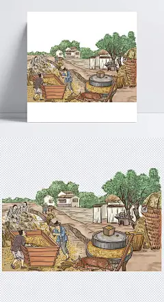 手绘割稻谷|收割,稻谷,收获,丰收,田野,稻田,人物,插画,场景元素,卡通,手绘,装饰,场景元素,设计元素