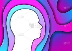 头部人类剪影白色抽象示意图从渐变颜色的蓝色和粉红色层纸切割3D阴影一个在另一个。横幅，海报，贺卡的布