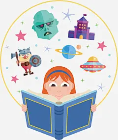 有想象力的女孩看书高清素材 儿童阅读 女孩看书 想象力 故事书 童话故事 读书 阅读书本 免抠png 设计图片 免费下载