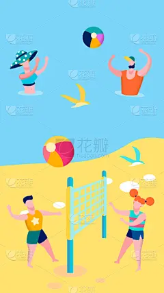 户外,绘画插图,平坦的,矢量,海滩,游戏,球,父母,女人,海岸线