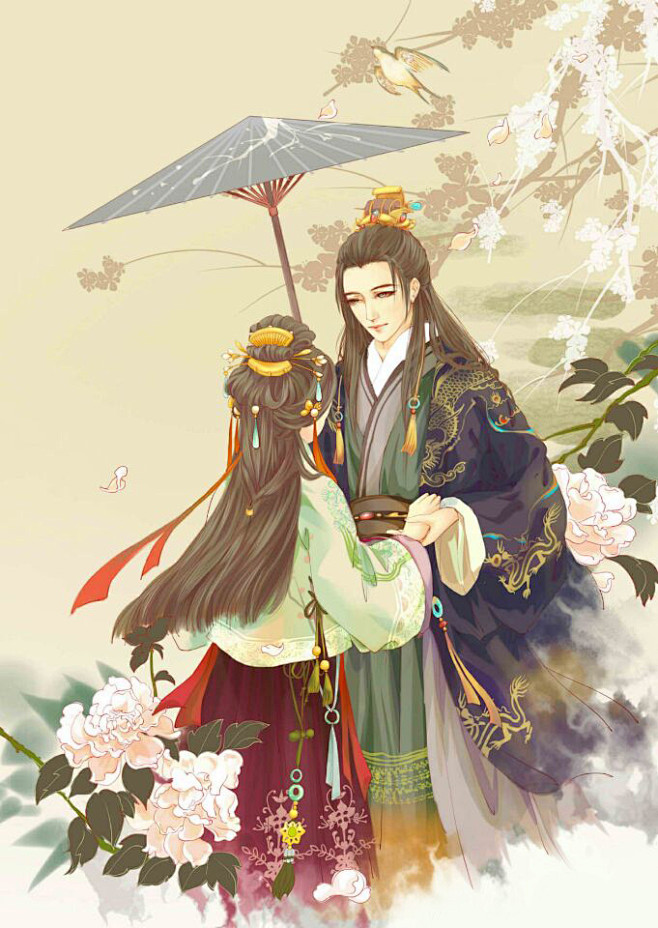 古风情侣执伞花间