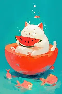 AI数字艺术夏季吃西瓜卡通插画-众图网