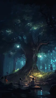 夏季夜晚唯美梦幻24节气处暑人物插画