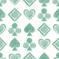 无缝矢量几何图案与图标的扑克牌。背景与手绘纹理几何图形。彩色图形插图模板包装，web背景，墙纸