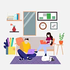 卡通插画风房间里办公的男女图片大小2000x2000px 图片尺寸174.66 KB 来自PNG搜索网 pngss.com 免费免扣png素材下载！壁画#宠物#夫妻#家居#卡通手绘#男人#女人#沙发#室内#书本#卧室#
