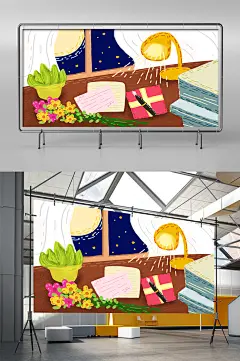 课桌桌面手绘插画