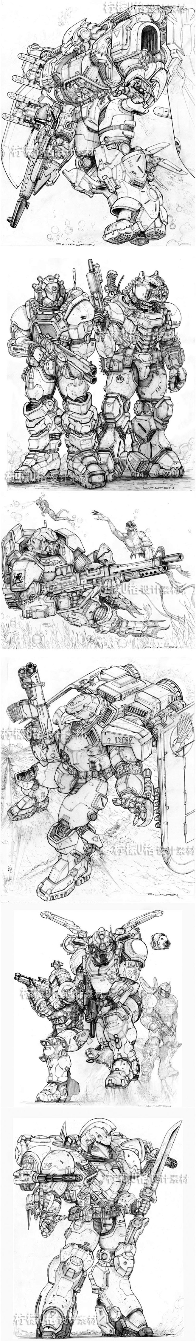 164手绘线稿素材 欧美游戏科幻机甲战士...