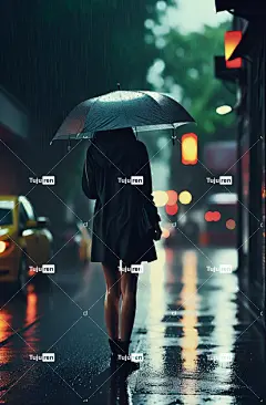 Ai产生的 女士 雨 雨伞 街道 湿的 灯 人行道 树木