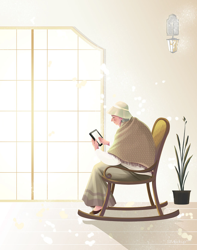 摇椅老太太落日余晖落地窗平板绿植插图psd高清分层素材ti237a8217jpg