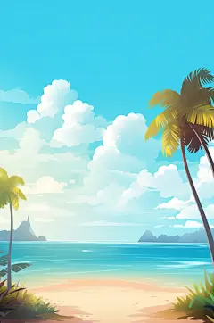 AI数字艺术晴朗天空扁平风夏季海边插画