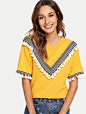 Embroidered Tape & Tassel Embellished T-shirt