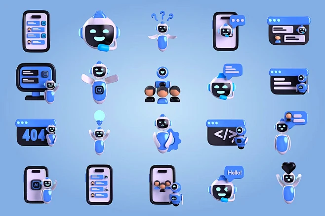 3D Chat Bot Illustration 20款卡通可爱未来科技AI人工智能聊天机器人图标3D插图设计素材_UIGUI-花瓣网