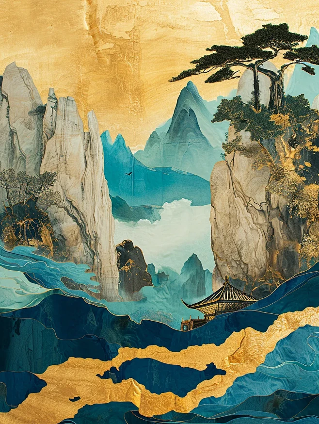 鎏金山水画海报-花瓣网