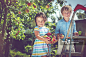 Little girl and boy picking apples from a tree_创意图片