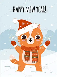 贺卡上有一只戴着圣诞帽的可爱猫咪。新年快乐明信片，海报设计。卡通冬季矢量人物与火花
