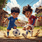 Create a dynamic and emotional illustration of two young twin brothers playing soccer. The first brother, Lucas, is a defender with a strong, athletic build, determined expression, and short black hair. He's wearing a blue and white jersey and is in a def