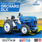 a blue tractor parked on top of a field next to a sign that says force motors orchard