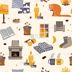 Hygge 无缝图案。矢量插图与舒适的家庭的东西, 如蜡烛, 袜子, 包装, 可可, 壁炉。丹麦生活